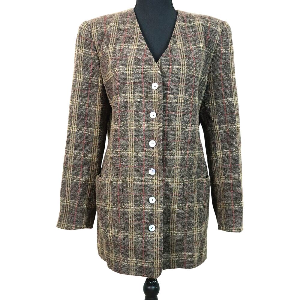 Vintage 90s Valerie Stevens Petites WOOL Blend Brown Blazer Tartan Plaid 12P